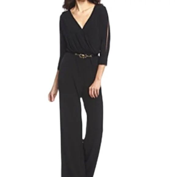 Calvin Klein NWOT Black Jumpsuit Cold Shoulder Wide Leg Pants 14 Split Sleeves - Picture 1 of 12